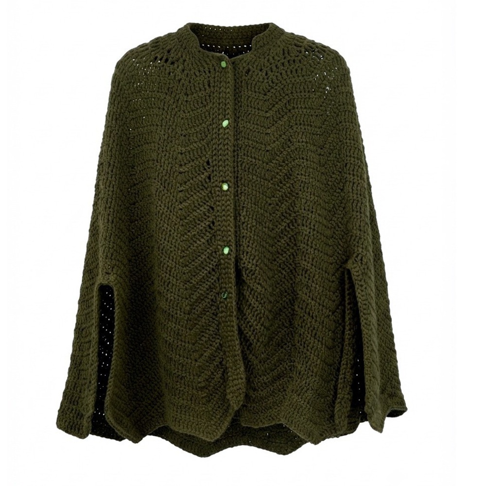 Vintage Handmade Retro Chic Olive Green Crochet Whimsigoth Cape Poncho Wrap M